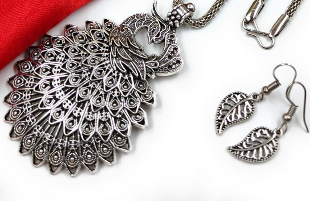 Elegant Oxidized Peacock Pendant Set with Chain & Earrings – Traditional Ethnic Jewelry for Women
