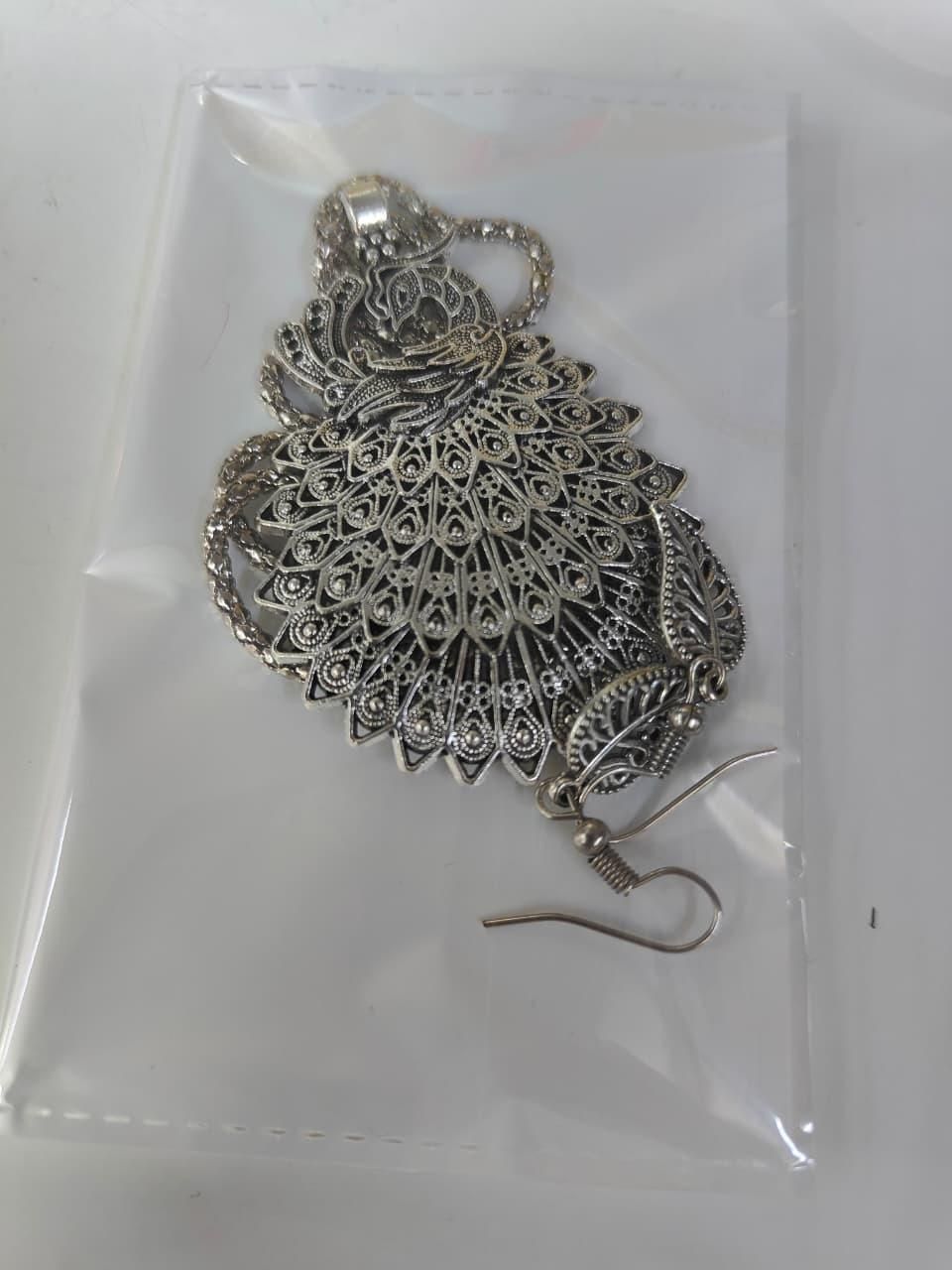 Elegant Oxidized Peacock Pendant Set with Chain & Earrings – Traditional Ethnic Jewelry for Women