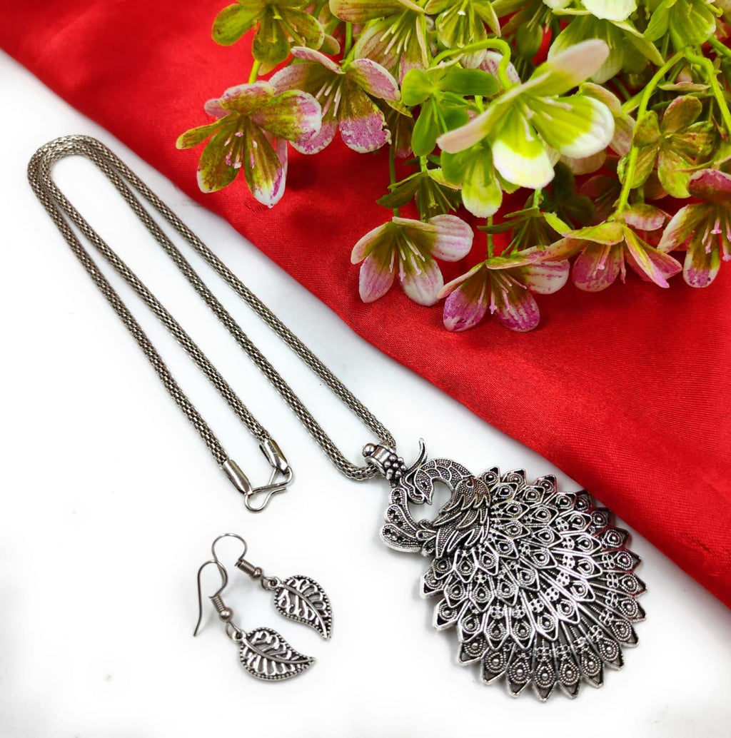 Elegant Oxidized Peacock Pendant Set with Chain & Earrings – Traditional Ethnic Jewelry for Women